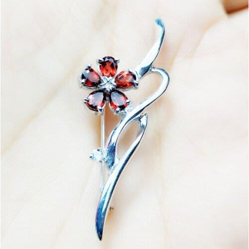 Natural real red garnet flower brooch pins Free shipping 925 sterling silver 0.25CT*5PCS gemstone Fine jewelry C211221