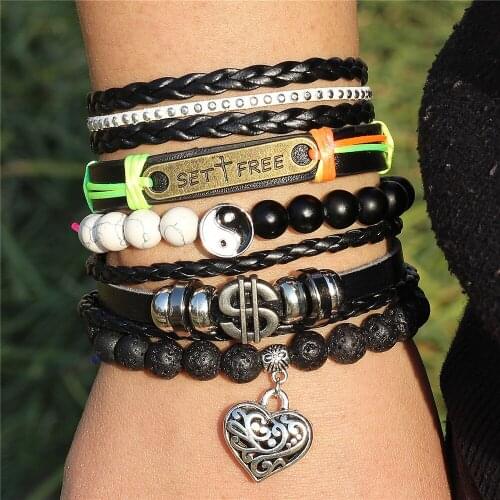 DGW 5pcs/set Handmade Male Punk Natural Bead Dollor Charm Men Leather Bracelet For Women Jewelry Fashion Trendy Vintage Homme