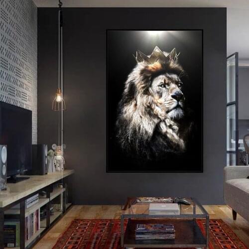 Modern Animal Art Lion Head with Crown Canvas Paintings Posters and Prints Wall Art Pictures for Living Room Decor (No Frame)