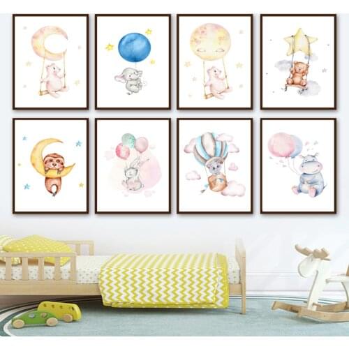 Rabbit Bear Elephant Hippo Moon Star Balloon Nursery Wall Art Prints Canvas Painting Poster Wall Pictures Baby Kids Room Decor