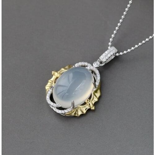Authentic 925 Sterling Silver Retro Style Bat Pendant Inlaid Natural White Chalcedony Silver Pendant Trendy Style Jewelry Gift