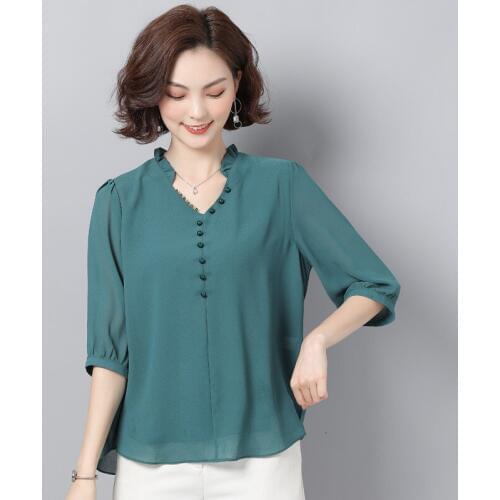 Summer Half Sleeve Fashion Chiffon Shirt Middle-aged Women Large Size Loose Blouses Pure Color V Collar Mother Top Shirts H9087