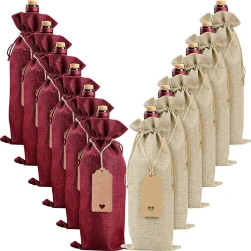 Burlap Wine Bags Wine Gift Bags, 20 Pcs Wine Bottle Bags with Drawstring, Tag & Rope, Reusable Wine Bottle Covers Bags