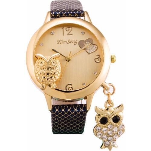 Fashion Women Owl Pendant Watches Hot Sale Men Women Rhinestone Band Watch Popular Leather Analog Quartz Watches
