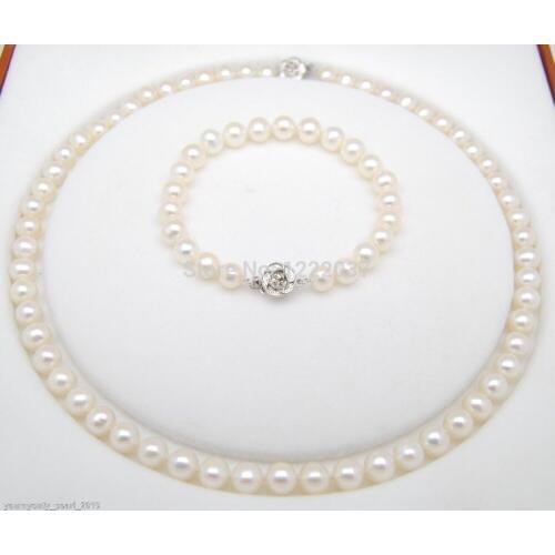 Natural Freshwater Pearls 7-8MM AAA white pearl bracelet necklace jewelry sets 925s