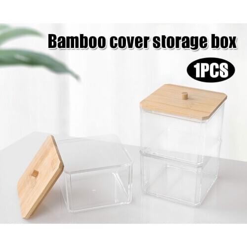 New Multifunction Transparent Organizer Cosmetices Cotton Swab Kitchen Seasoning Storage Box with Bamboo Cover SCI88
