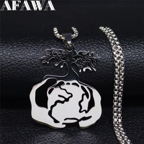 Tree of Life and Earth Stainless Steel Necklace Women Statement Necklaces Silver Color Chain Necklace Jewelry ketting N3079