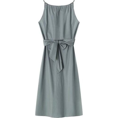 PERHAPS U Black Green Solid Strap Sleeveless Slash Neck Knee Length Dress A Line Summer Sash D2192