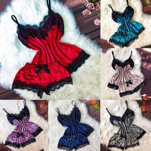 Sexy Lingerie Women Sleep Wear Camisole Bow Shorts V-Neck Tops Velvet Pajamas Sleepwear Hot