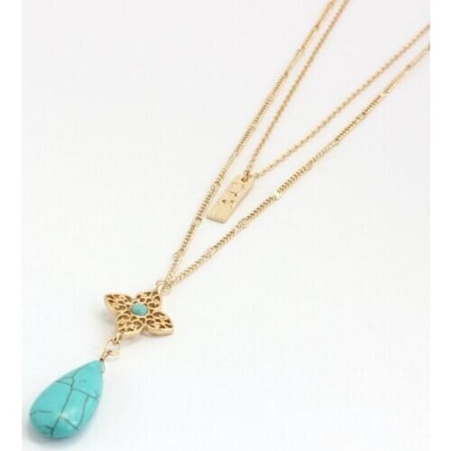 Light Yellow Gold Color Alloy Layer Water Drop Pendant Link Chain Necklace Green Turquoises Stone Jewelry