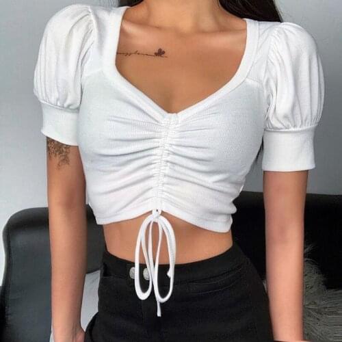 INSDOIT retro bubble sleeve draw rope short-sleeved top female European and American ins slim sexy dew umbilical t-shirt