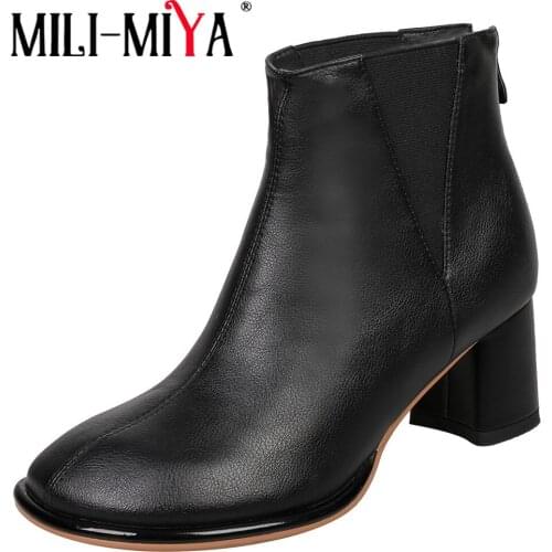 MILI-MIYA Women Top Quality Leather Chelsea Ankle Boots Elastic Band Square Toe Thick Heel Slip On Shoes Handmade Big Size 34-43