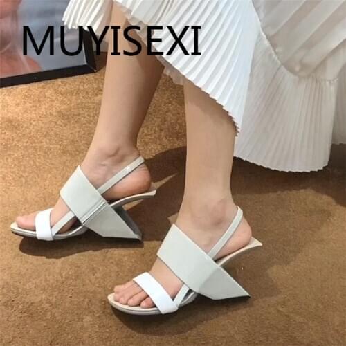 Women natural leather peep toe 8cm high heels French romantic party cozy leisure fashion shallow slip on sandals HL267 MUYISEXI