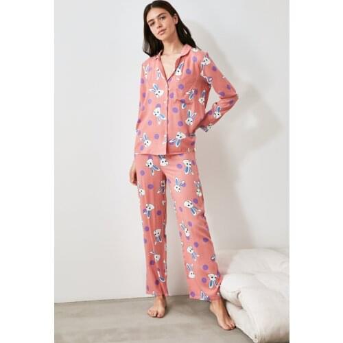 2021 Summer Women Viscone New Fashion Salmon Rabbit Printed Woven Pajamas Set