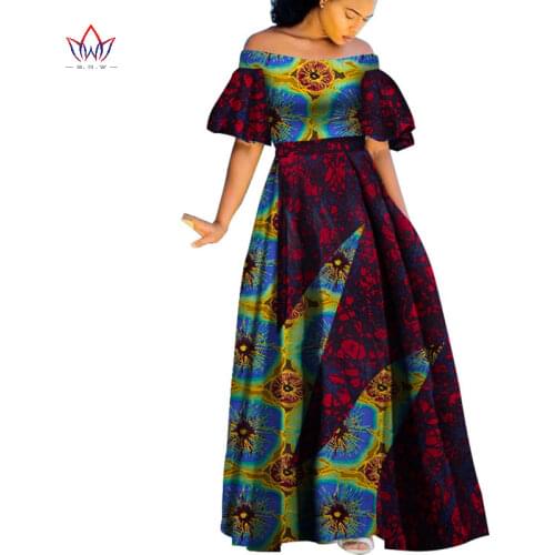 2021 Spring&autumn African Maxi Dress for Women Bintarealwax Tailor Made Off the Shoulder Ankle Length Women Cotton Dress WY2791