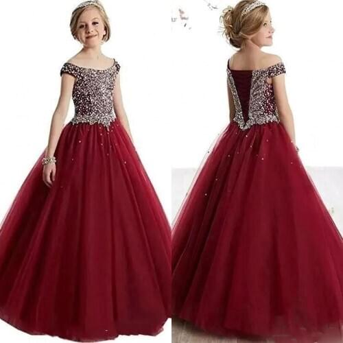 New Arrival 2018 Burgundy Girls Pageant Dresses Off Shoulder Crystals Beaded Lace-up Back Tulle A Line Bridal Gown