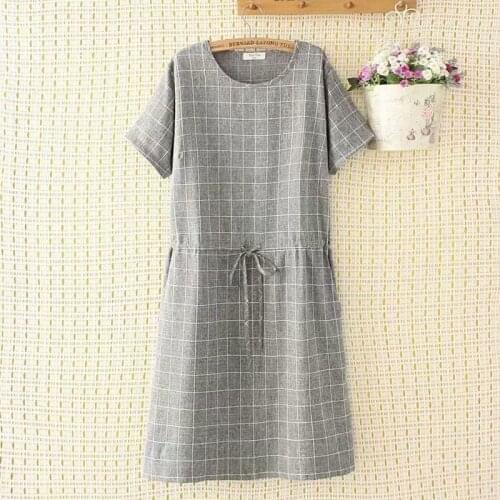 Plus size gray plaid O-Neck women loose dresses 2021 new summer casual ladies Short sleeve dress female pullovers tops