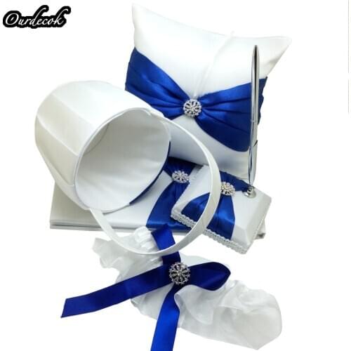 5Pcs/set Dark Blue Satin Bow Wedding Ceremoney Guest Book/Pen/Ring Pillow/Flower Basket
