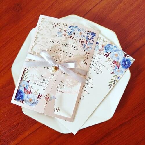 50 Pieces/Lot) Light Pink Love Tree Wedding Invitation With Gray Ribbon And Pearl Rhinestone Personalized Print Engagement Card