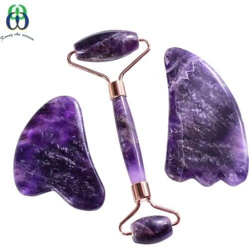 Amethyst Roller Gesicht Gua Sha Werkzeug Set Natürliche Stein Gesichts Gesundheit Pflege Massage Kristall Quarz Spa Akupunktur
