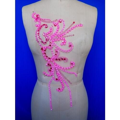 Zbroh New pure handmade rhinestones applique 42*25cm sew on pink crystals patches trim for dress DIY accessories