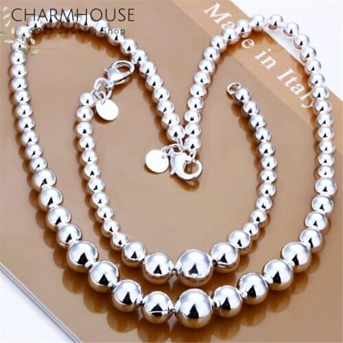 Charmhouse Silver 925 Jewelry Sets For Women Buddha Bead Ball Chain Necklace Bracelet 2pcs Set Costume Jewelry Accessories Gifts