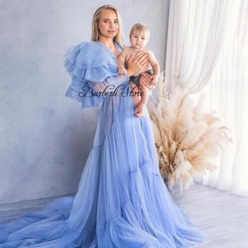 Elegant Blue Long Tulle Maternity Dress For Photoshoot Women Baby shower Tulle Robe See Thru Illusion Ruffles Women Dresses