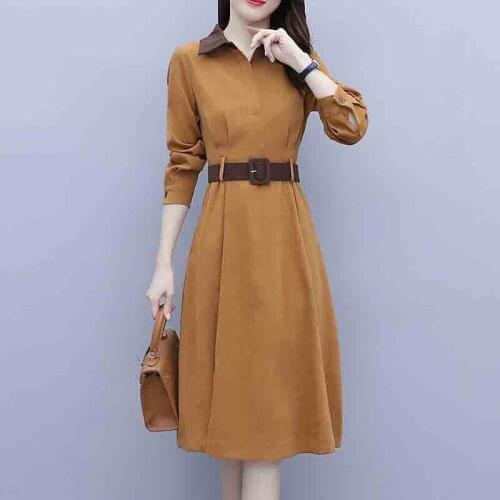 French Elegant Temperament Long Sleeve Shirt Dress 2021 New Lady Plus Size Fashion Belt Waist Autumn Dress Female Vestidos e280