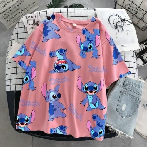 Disney Stitch T-shirt ladies summer cartoon top T-shirt fashion men and women with the same white T-shirt bottoming hot sale