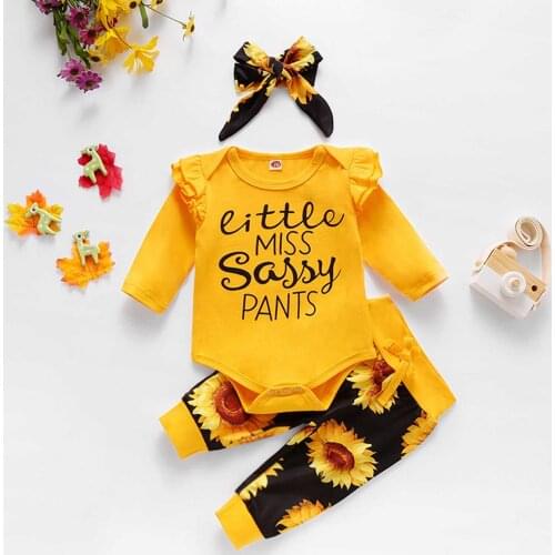 3Pcs Newborn Girl Clothes Set Newborn Girl Flying Sleeve Sunflower Print Trousers Long Sleeve Headband Suit