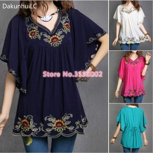 Hot Sale Women Cotton Tops Dress Tunic Vestidos Vintage Mexican Ethnic Floral Embroidery Mini Dresses Loose Casual Boho Dress