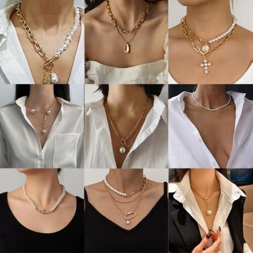 Retro Metal Pearl Chain Double Layer Long Folding Necklace Clavicle Chain Womens Simple Niche Design Necklace Jewelry