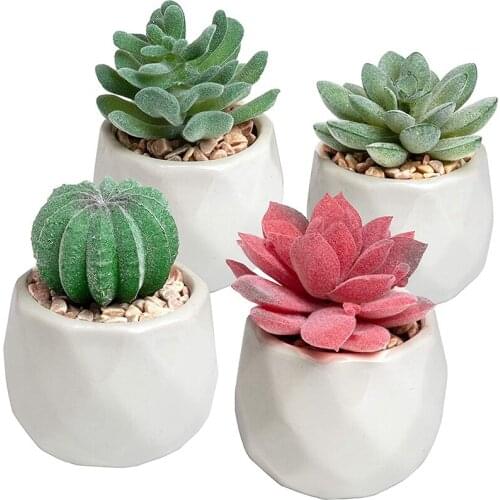 Mini Succulents Artificial Succulents Plants Artificial Mini Geometric Ceramic Plants In Pot,Set Of 4 Decorative