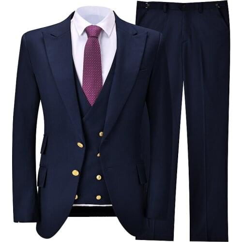 Navy Blue Men 3 Pieces Suits Gold Buttons Peaked Lapel Groom Tuxedos Wedding Suits For Men Business Clothing (Blazer+Vest+Pants)