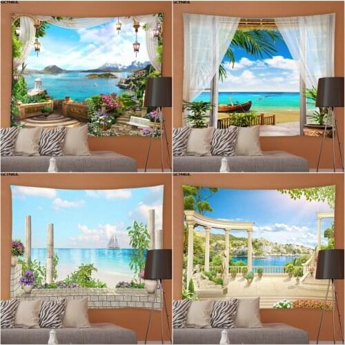 Ocean Scenery Wall Hanging Tapestry Mediterranean Landscape Living Room Bedroom Tapestries Hippie Background Tablecloth Decor