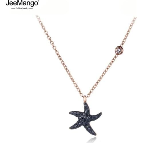 JeeMango Trendy Titanium Stainless Steel Crystal Starfish Choker Necklaces Jewelry Lovely CZ Pendant Necklace For Women JN19061