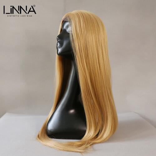 LINNA Long Straight Blonde Synthetic Lace Wig For Women Middle Part Lace High Temperature Fiber Wigs Honey Blonde Cosplay Wig