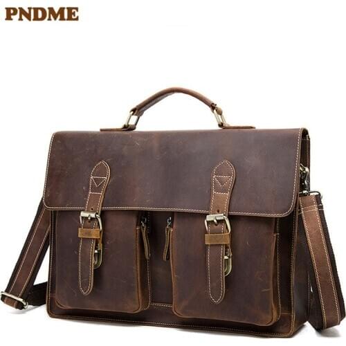 Vintage crazy horse cowhide mens briefcase business work handbag natural genuine leather office laptop shoulder messenger bag
