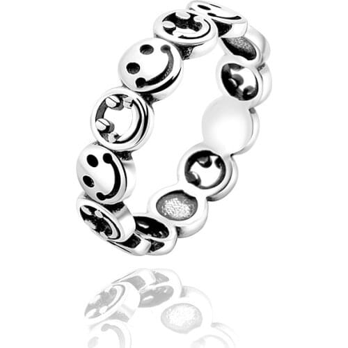 Luxury Ancient Silver Color Multi Hollow Smile Face Open Ring For Women Simple Cute Geometric Smiley Faces Adjustable Rings A922