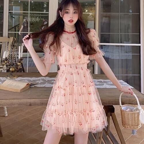 Embroidery Pink Party Mesh 2020 New Summer Puff Sleeve Elastic Waist Show Slim Casual O Neck Mini Dress Vestido Femme Robe