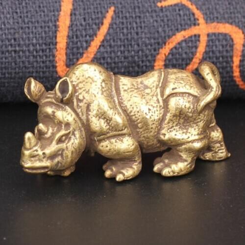 Handcraft Solid Brass Cute Rhinoceros Tea Pet Miniature Figurines Vintage Copper Animal Rhino Ornament Office Table Decorations