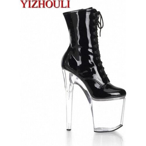 Sexy lady fashion lace-up ankle boots/sexy 20cm transparent heels /PU leather party stage high-heeled ankle boots