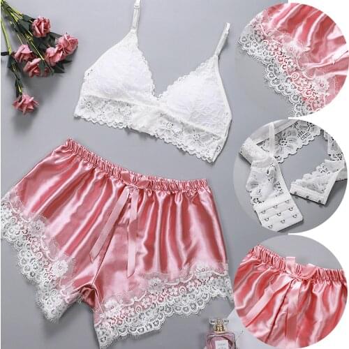 Sexy Lingerie Women Pajama Pants Set Lace Bra Summer V Neck Sleeveless Sling with Chest Pad Sleepwear Pajamas for Women Hot Sale
