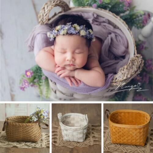 Newborn Baby Weaving Basket Photography Prop Infant Shoot Container Photo Studio Creative Photography Accessory Pastoral Style