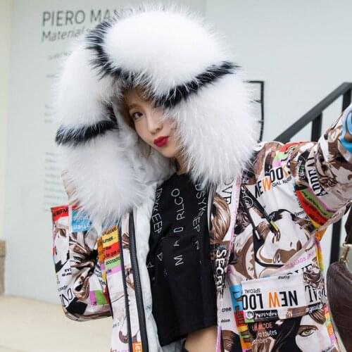 Thick Down Jacket 2021 Winter Print Big Fox Fur Hooded Coat Plus Size Short Loose White duck down Outwear Warm Female Parkas