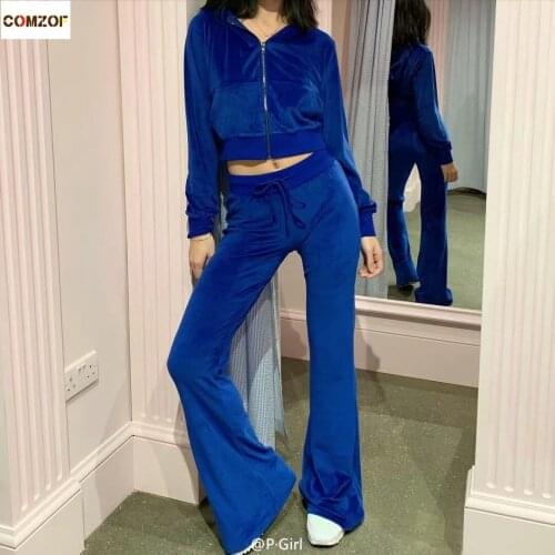 Spring Autumn Women Velvet Two Piece Set Short Jackets+Pants High Waist Velour Hoodie Suits Casual Clothing Roupas Femininas