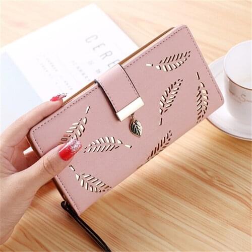 Women Wallet PU Leather Purse Female Long Wallet Gold Hollow Leaves Pouch Handbag for Women Coin Purse Card Holders Clutch