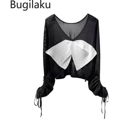 Bugilaku Autumn 2021 New Fashion Pullover Jumpers Contrast Color V Neck Drawstring Long Sleeve Pull Femme High Street Knit Tops
