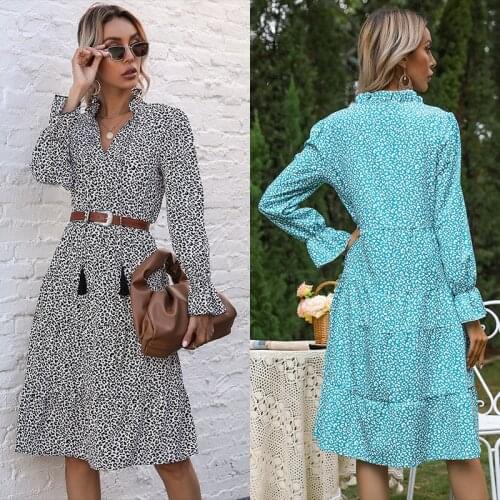 Elegant Sexy Party Bodycon Women Dresses Summer Autumn 2021 Slim Leopard Y2K V-Neck Dress Midi Ruffled A-line Skirt Long Sleeve