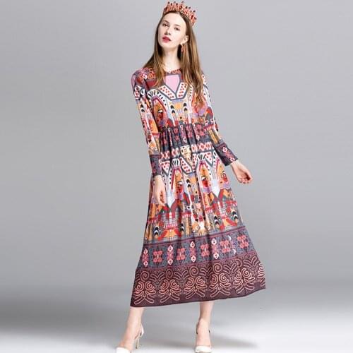 Vestidos European 2021 Boho Summer Autumn Long Sleeve Ethnic Totem Print Mid-Calf Luxury Vintage Dress New Fashion